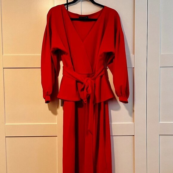 BUXOM COUTURE Peplum Midi Bodycon Dress in Bold Red- Size 1X - Picture 1 of 9
